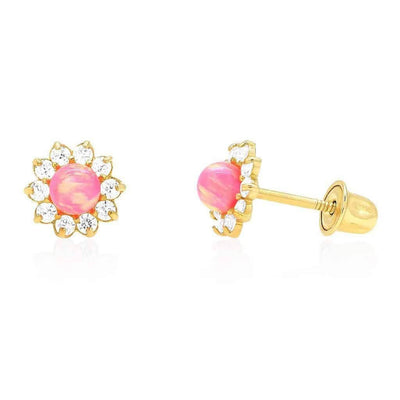 14k Yellow Gold 0.40Ct CZ & Pink Opal Flower Stud Earrings
