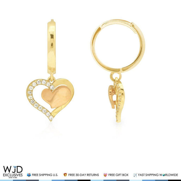 0.40CTW CZ 14K Yellow Pink Gold Heart Huggie Hoop Dangle Earrings