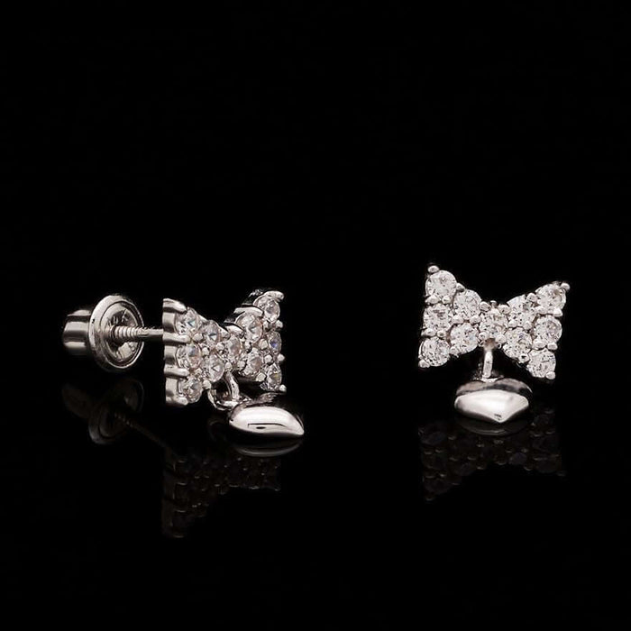 14K White Gold 0.4CTW CZ Bowtie Heart Dangle Earrings