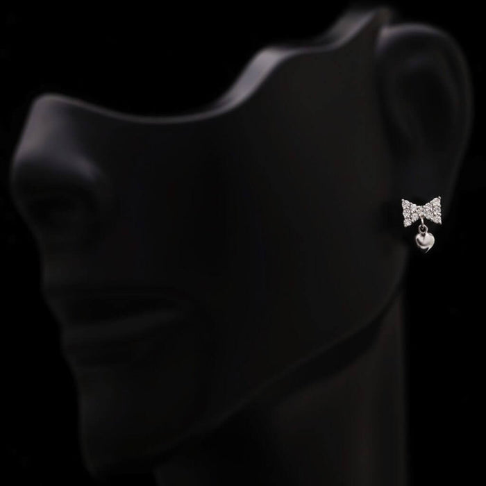 14K White Gold 0.4CTW CZ Bowtie Heart Dangle Earrings