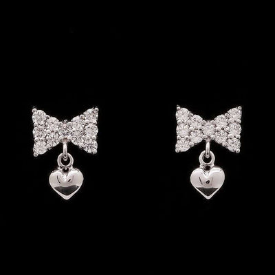 14K White Gold 0.4CTW CZ Bowtie Heart Dangle Earrings