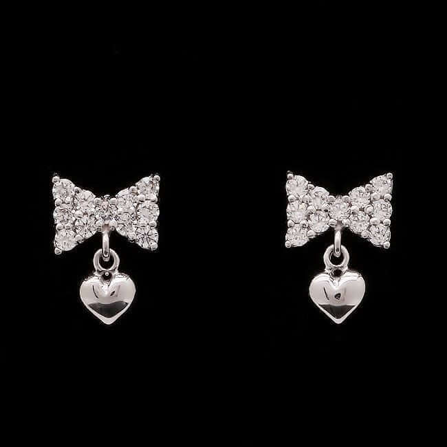14K White Gold 0.4CTW CZ Bowtie Heart Dangle Earrings