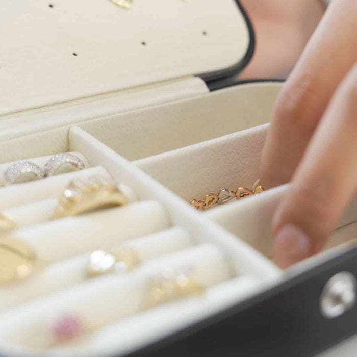 Compact PU Leather Double Layer Jewelry Organizer Box Portable Black Travel Case - WJD Exclusives