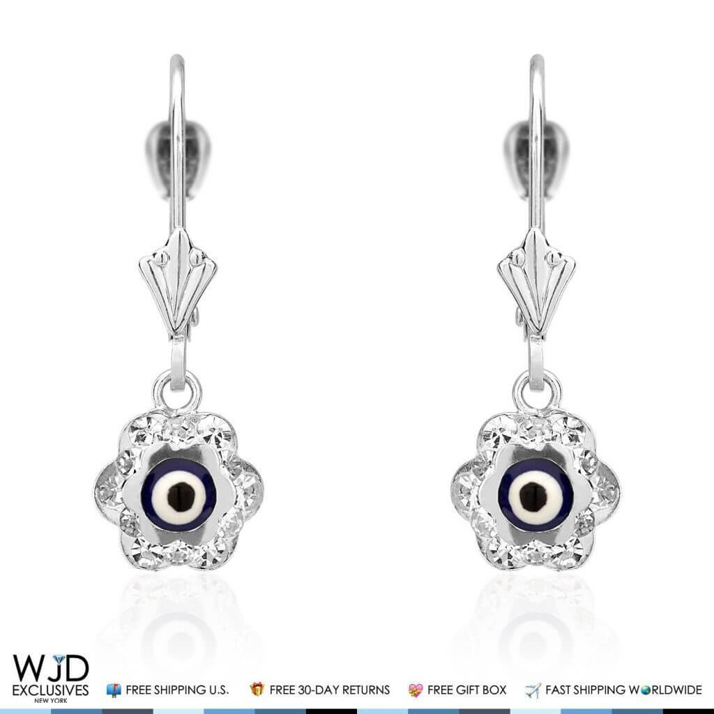 14K White Gold Blue Evil Eye CZ Flower Dangle Leverback Earrings