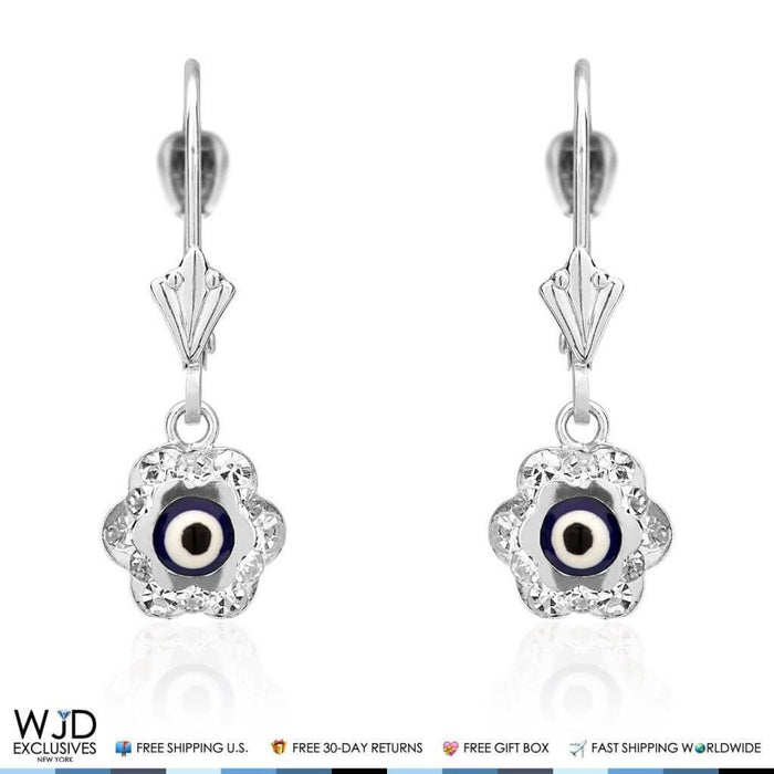 14K White Gold Blue Evil Eye CZ Flower Dangle Leverback Earrings