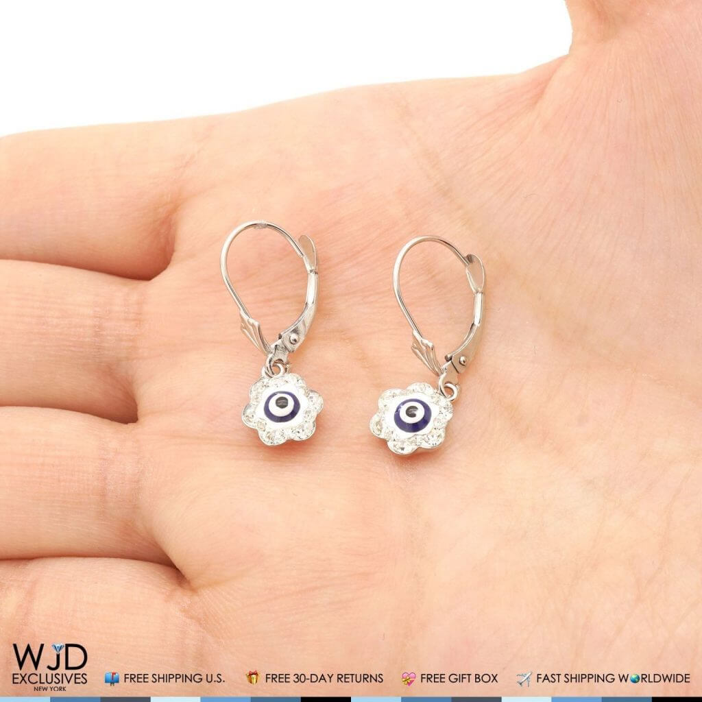 14K White Gold Blue Evil Eye CZ Flower Dangle Leverback Earrings