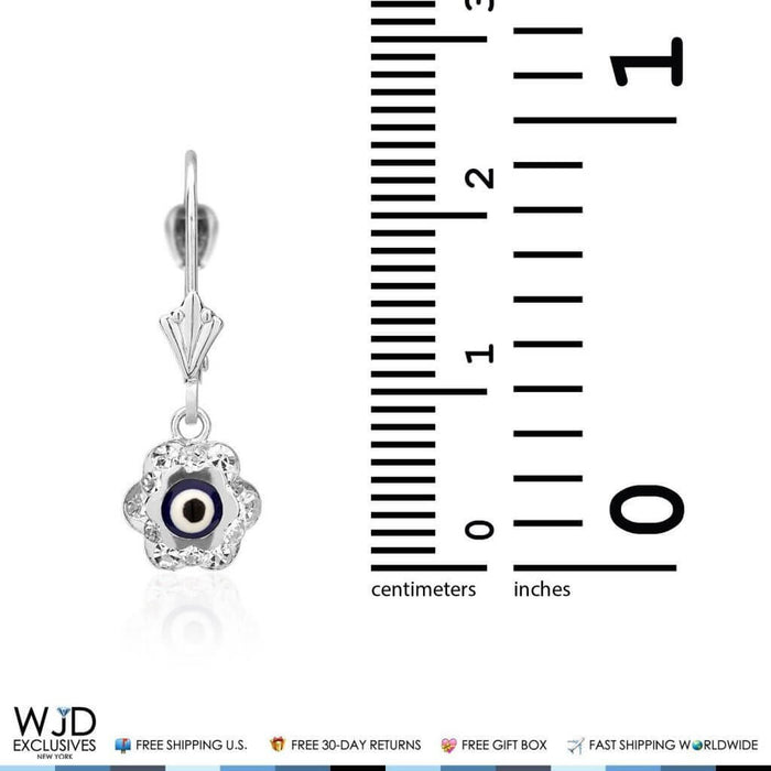 14K White Gold Blue Evil Eye CZ Flower Dangle Leverback Earrings