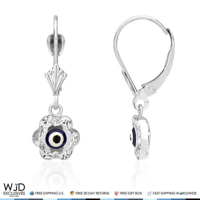 14K White Gold Blue Evil Eye CZ Flower Dangle Leverback Earrings