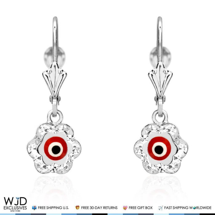 0.50CTW CZ 14K White Gold Red Evil Eye Flower Dangle Earrings