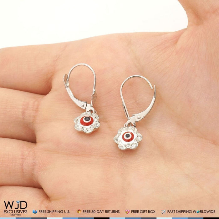 0.50CTW CZ 14K White Gold Red Evil Eye Flower Dangle Earrings