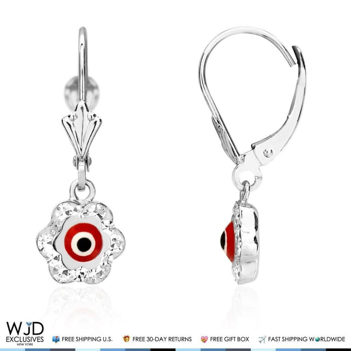 0.50CTW CZ 14K White Gold Red Evil Eye Flower Dangle Earrings