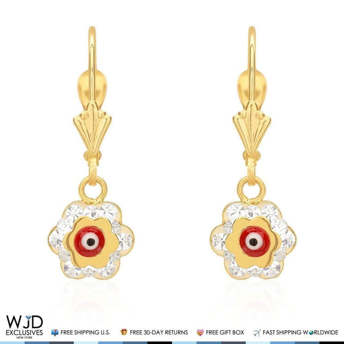 0.50CTW CZ 14K Yellow Gold Red Evil Eye Flower Dangle Earrings