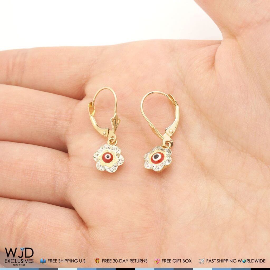 0.50CTW CZ 14K Yellow Gold Red Evil Eye Flower Dangle Earrings