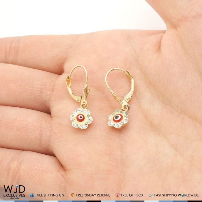 0.50CTW CZ 14K Yellow Gold Red Evil Eye Flower Dangle Earrings