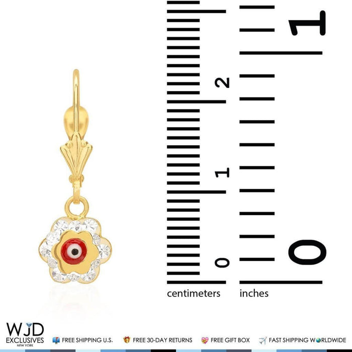 0.50CTW CZ 14K Yellow Gold Red Evil Eye Flower Dangle Earrings