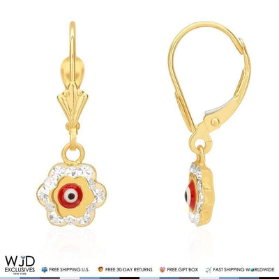 0.50CTW CZ 14K Yellow Gold Red Evil Eye Flower Dangle Earrings