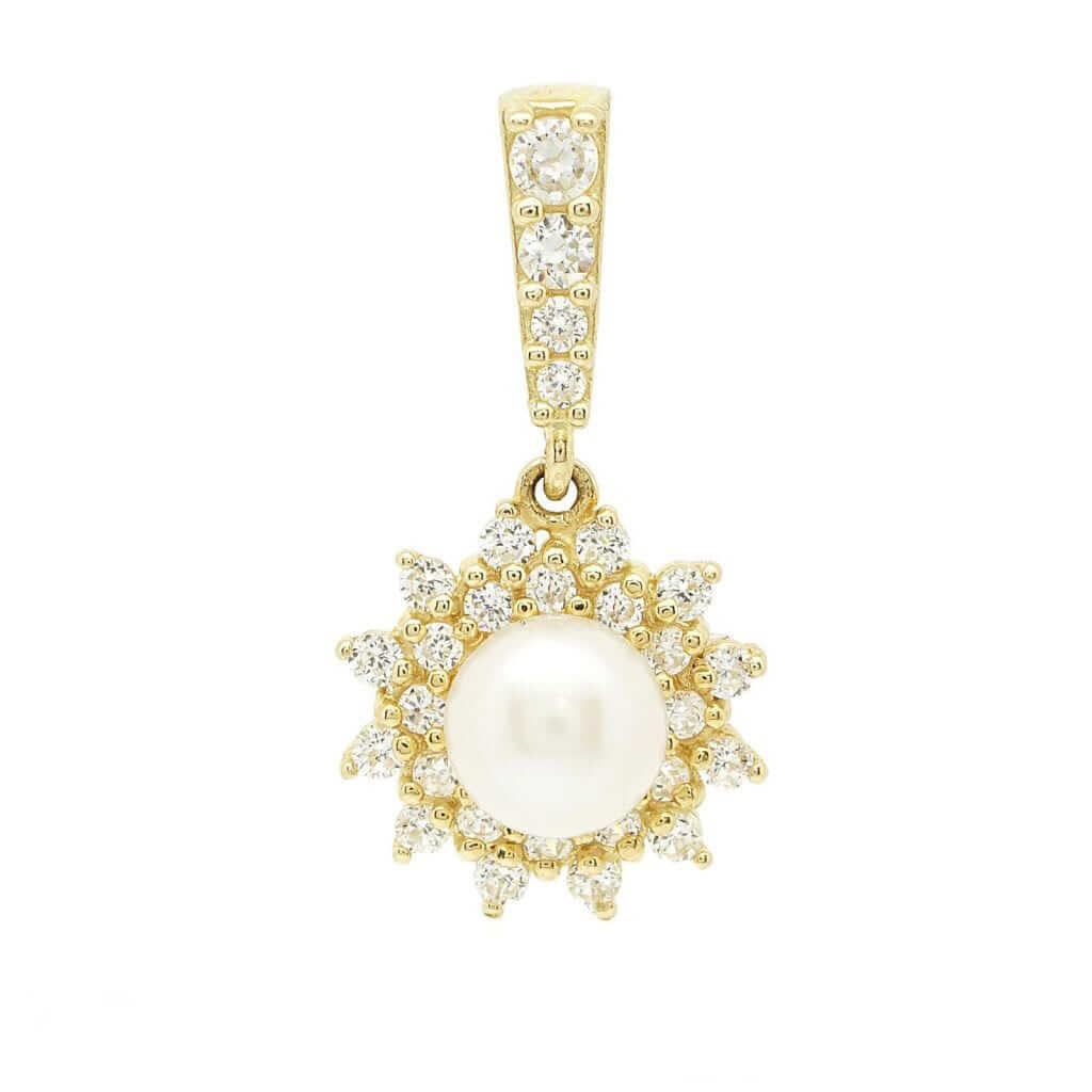 14k White Gold Yellow Gold 0.50Ct CZ Pearl Halo Pendant 0.65"