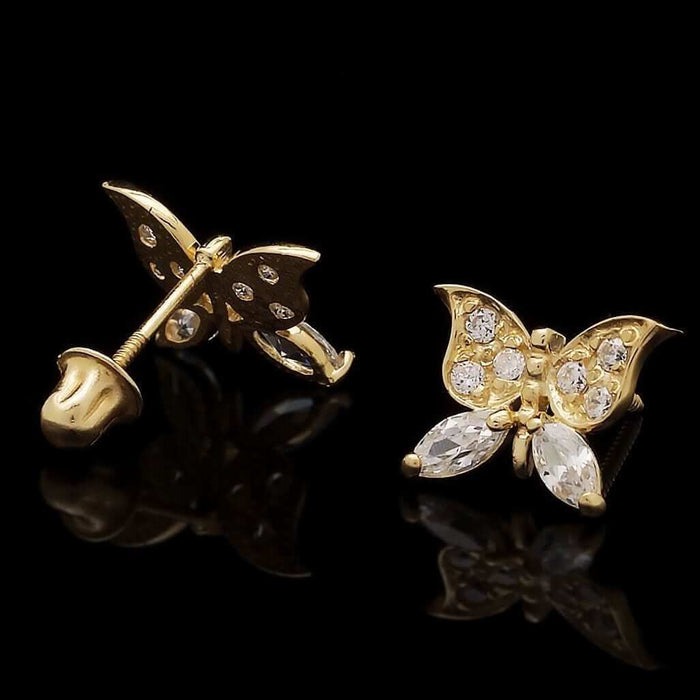 0.50Ct CZ Butterfly Stud Earrings 14K Yellow Gold Screw Back 10mm