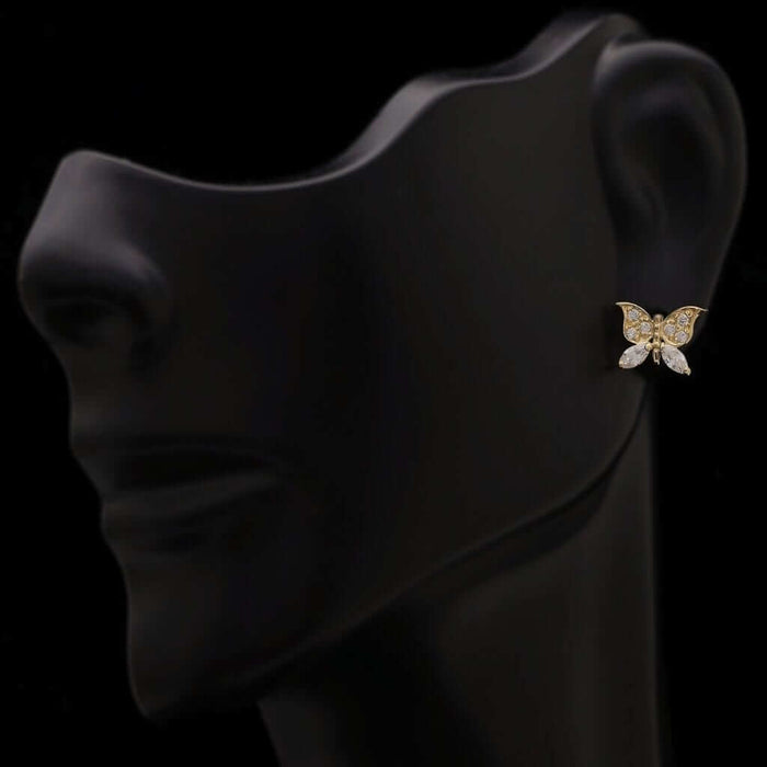 0.50Ct CZ Butterfly Stud Earrings 14K Yellow Gold Screw Back 10mm