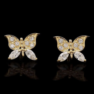 0.50Ct CZ Butterfly Stud Earrings 14K Yellow Gold Screw Back 10mm
