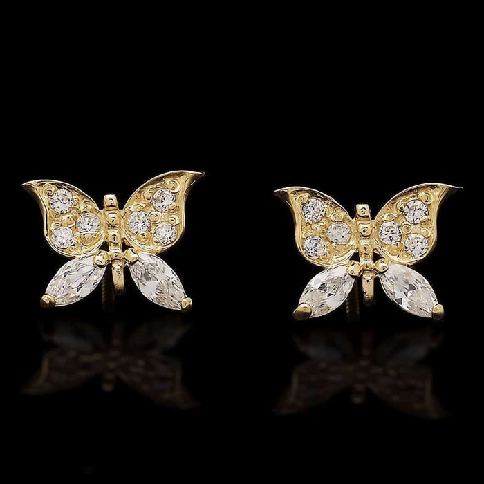 0.50Ct CZ Butterfly Stud Earrings 14K Yellow Gold Screw Back 10mm