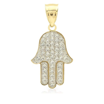 14K Real Gold 0.50CTW CZ Hamsa Hand Of Fatima Charm Pendant 1"