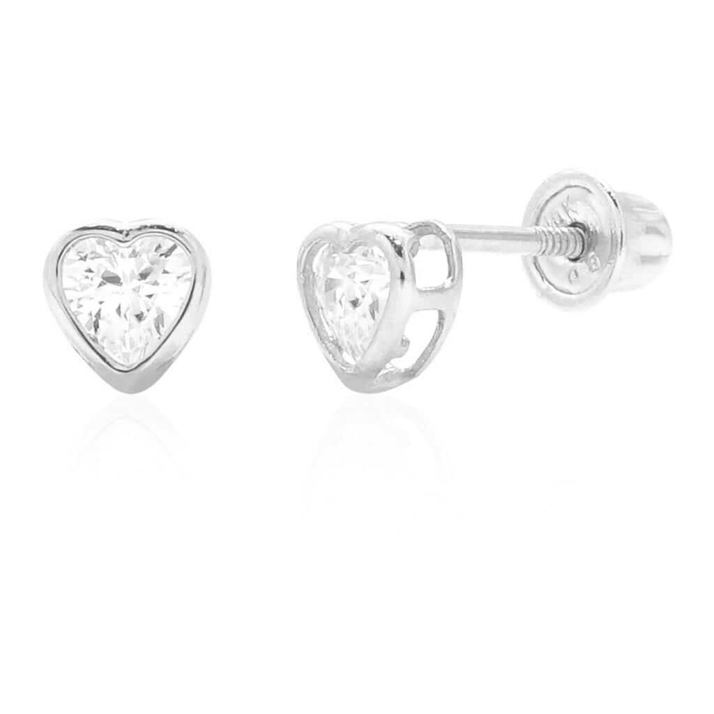 0.50CTW CZ 14K White Gold Heart 4mm Bezel Stud Earrings