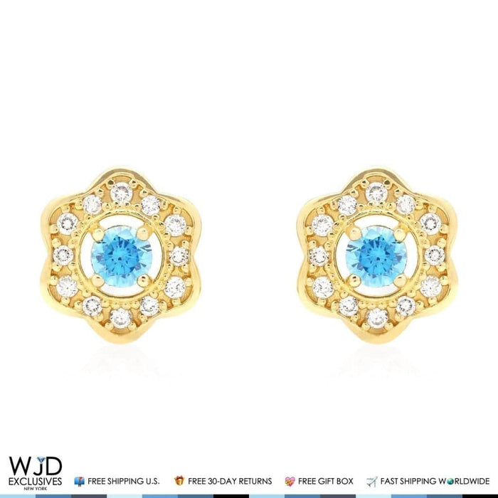 14k Yellow Gold CZ & Aquamarine Flower Cluster Stud Earrings