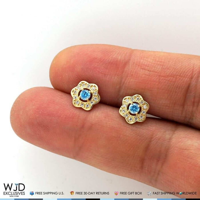 14k Yellow Gold CZ & Aquamarine Flower Cluster Stud Earrings