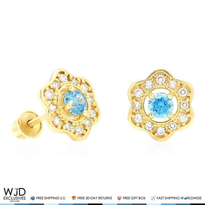 14k Yellow Gold CZ & Aquamarine Flower Cluster Stud Earrings