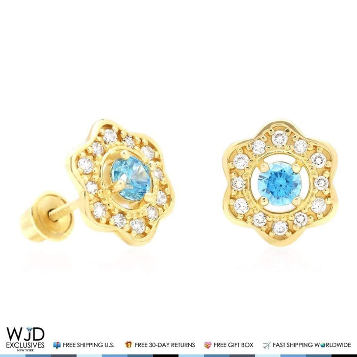 14k Yellow Gold CZ & Aquamarine Flower Cluster Stud Earrings