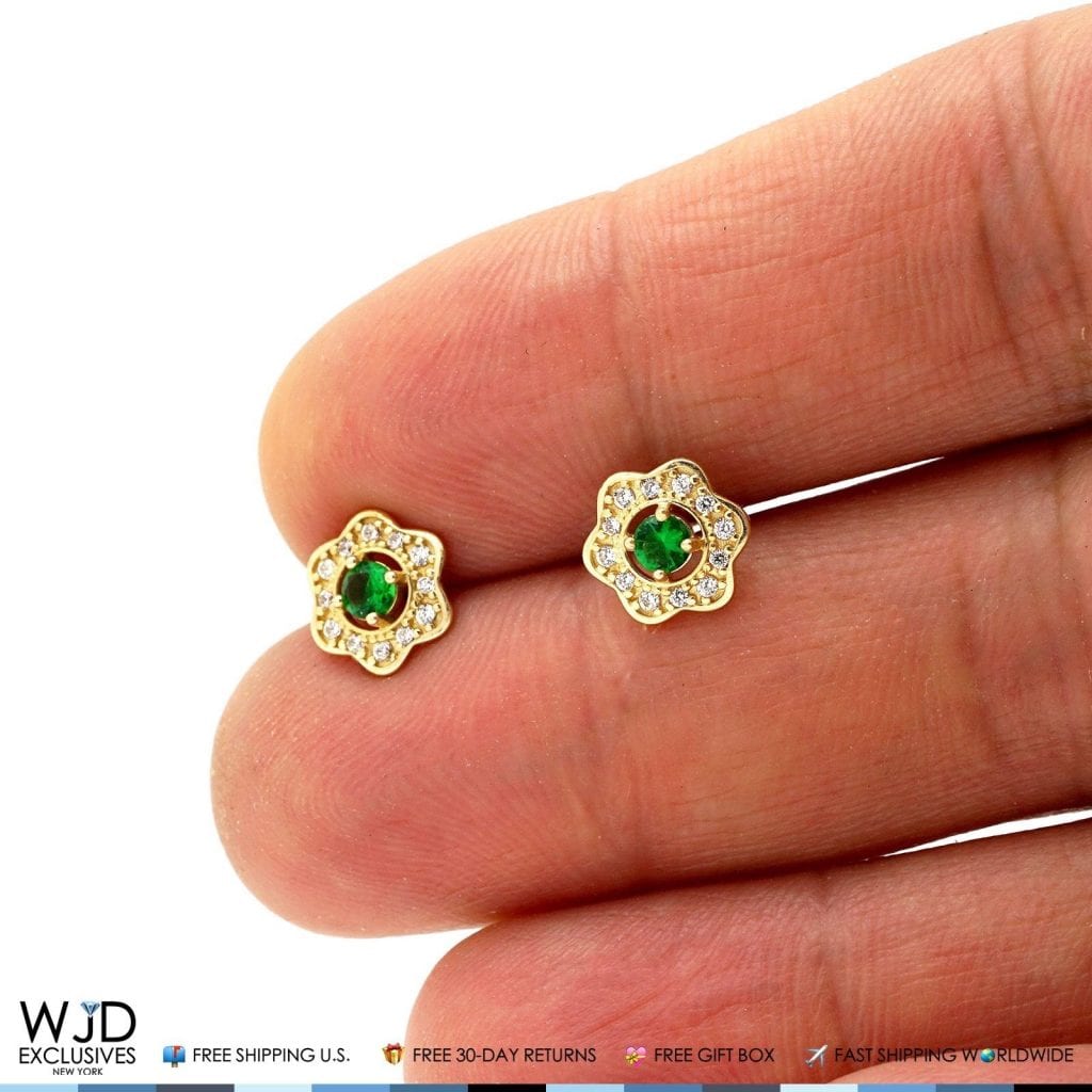 0.50Ct CZ & Emerald Flower Cluster Stud Earrings 14k Yellow Gold