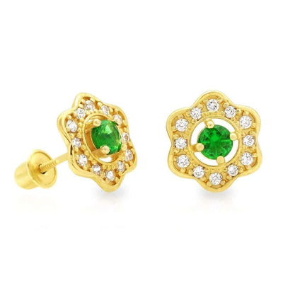 0.50Ct CZ & Emerald Flower Cluster Stud Earrings 14k Yellow Gold