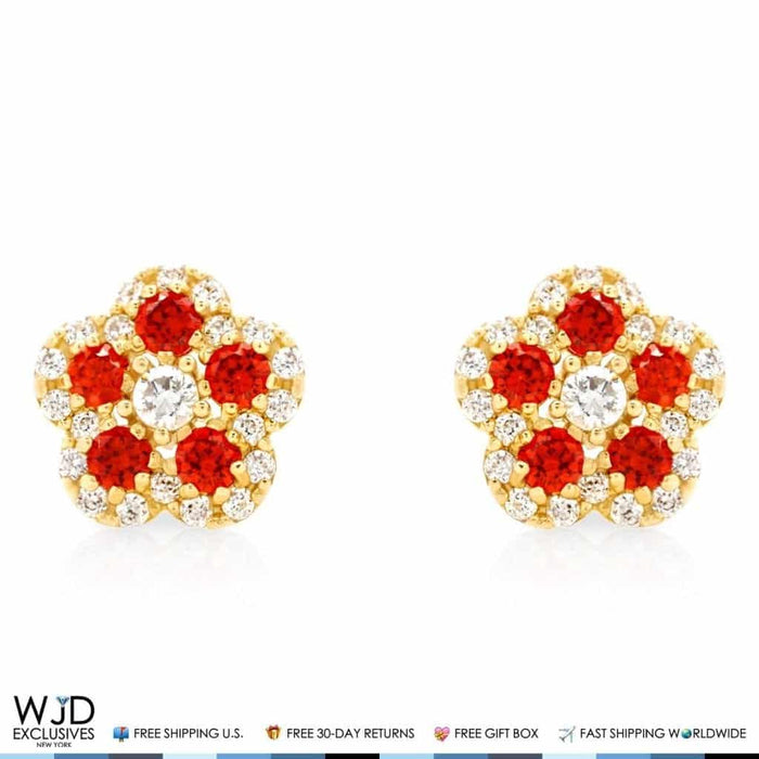 14K Gold 0.50Ct CZ & Birthstones Flower Cluster Stud Earrings 8mm