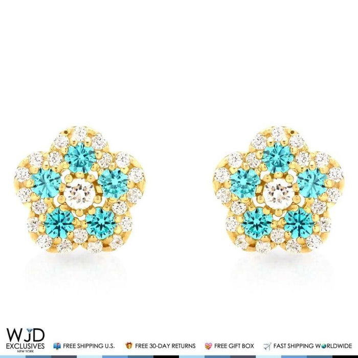 14K Gold 0.50Ct CZ & Birthstones Flower Cluster Stud Earrings 8mm