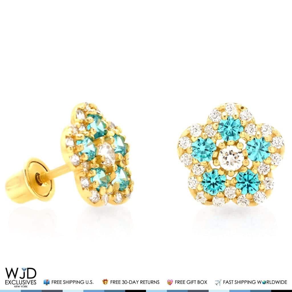 14K Gold 0.50Ct CZ & Birthstones Flower Cluster Stud Earrings 8mm