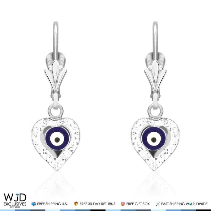 0.5CTW CZ 14K White Gold Black Evil Eye Heart Dangle Earrings