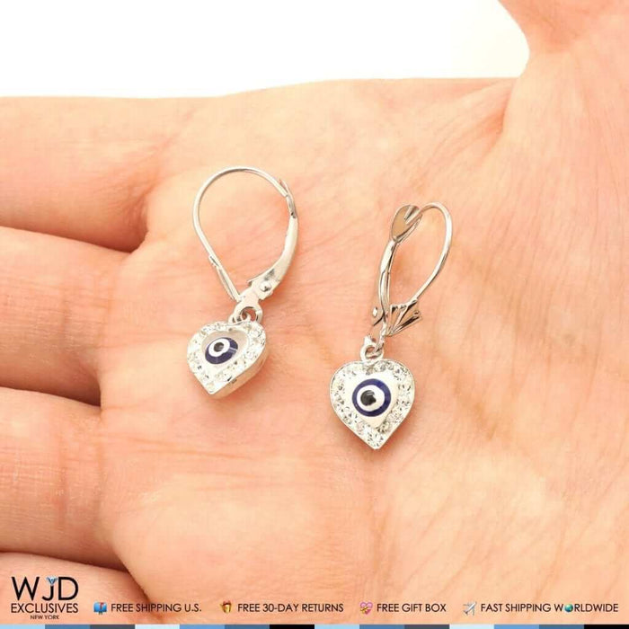 0.5CTW CZ 14K White Gold Black Evil Eye Heart Dangle Earrings