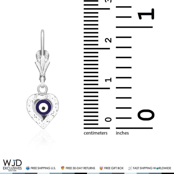 0.5CTW CZ 14K White Gold Black Evil Eye Heart Dangle Earrings