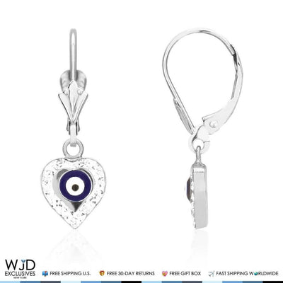 0.5CTW CZ 14K White Gold Black Evil Eye Heart Dangle Earrings