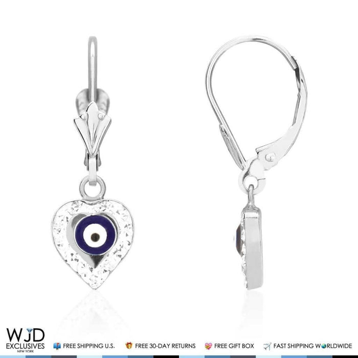 0.5CTW CZ 14K White Gold Black Evil Eye Heart Dangle Earrings