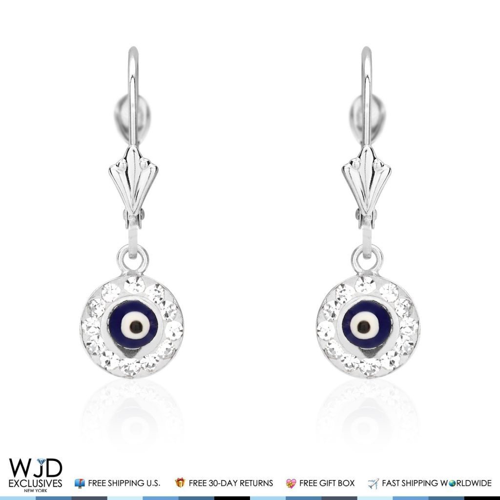 0.50CTW CZ 14K White Gold Black Evil Eye Dangle Earrings