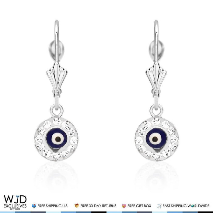 0.50CTW CZ 14K White Gold Black Evil Eye Dangle Earrings