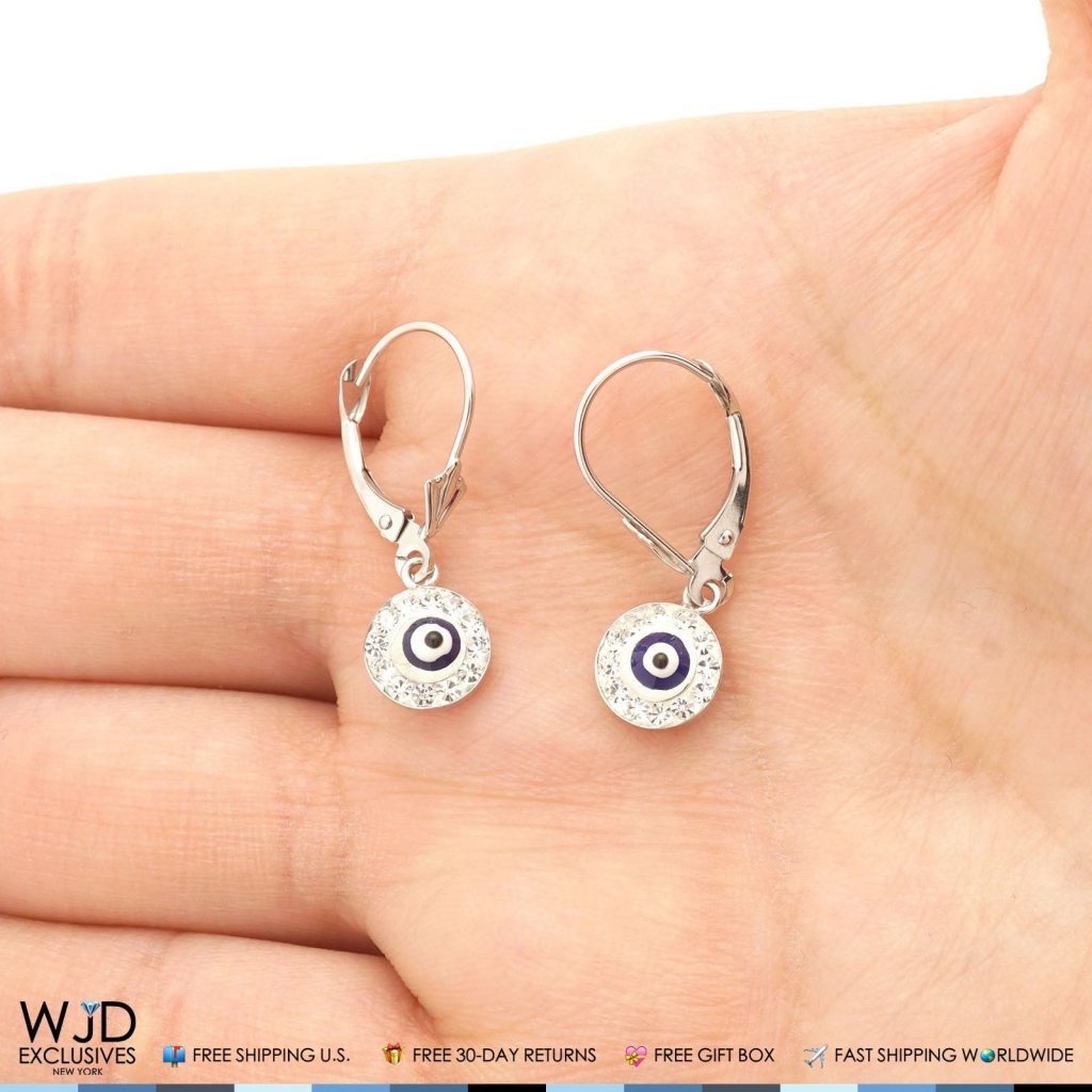 0.50CTW CZ 14K White Gold Black Evil Eye Dangle Earrings