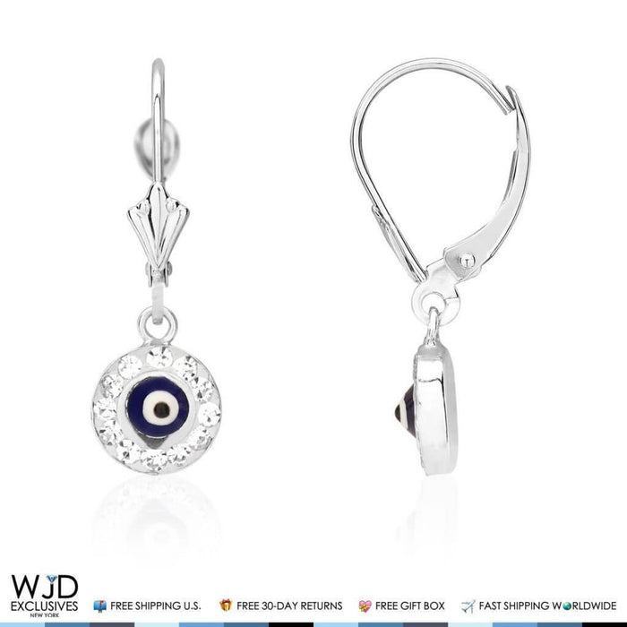 0.50CTW CZ 14K White Gold Black Evil Eye Dangle Earrings