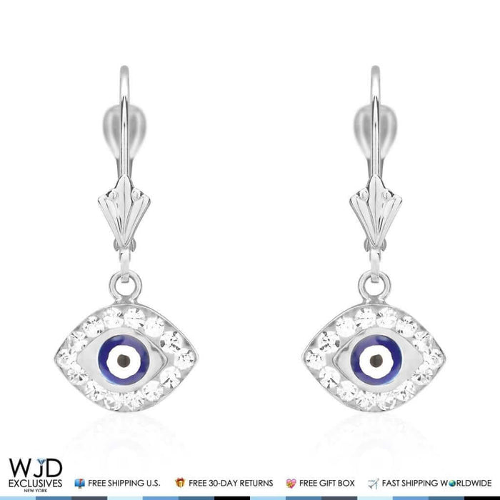 14K White Gold CZ Blue Evil Eye Dangle Leverback Earrings 1"