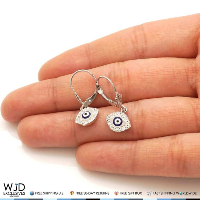 14K White Gold CZ Blue Evil Eye Dangle Leverback Earrings 1"