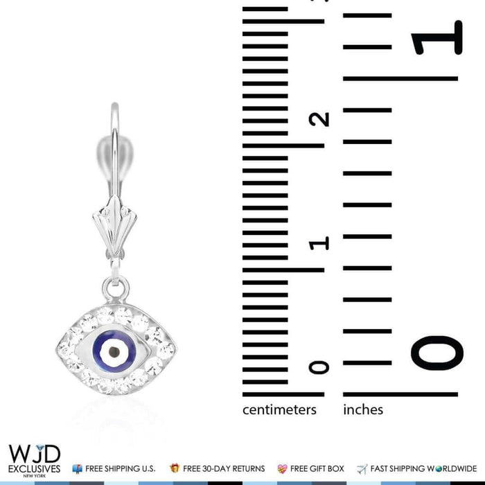 14K White Gold CZ Blue Evil Eye Dangle Leverback Earrings 1"