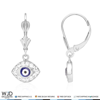 14K White Gold CZ Blue Evil Eye Dangle Leverback Earrings 1"
