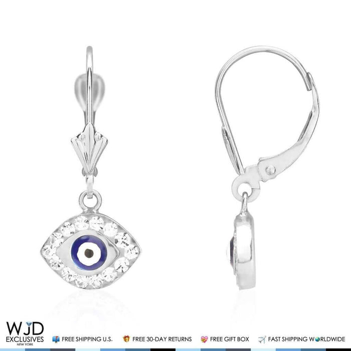 14K White Gold CZ Blue Evil Eye Dangle Leverback Earrings 1"